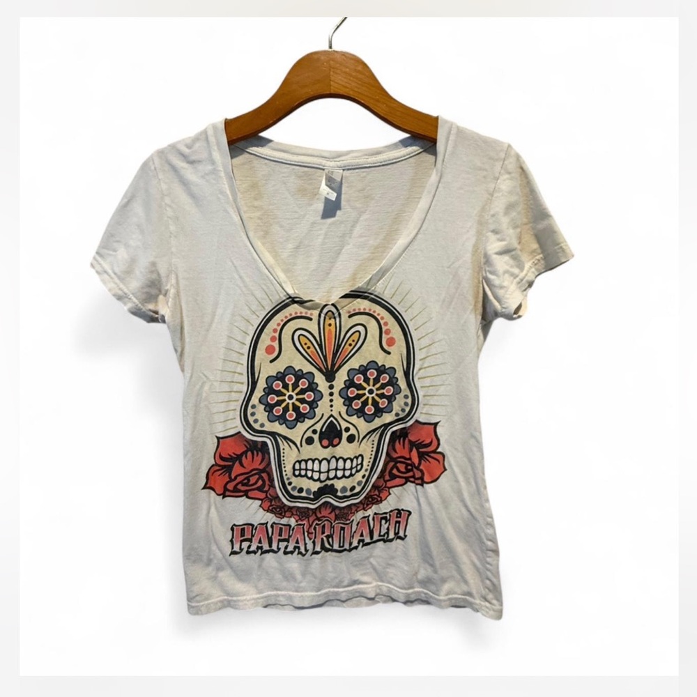 Papa Roach Pimatee Brand White Cap Sleeve Plunging T-Shirt Sugar Skull Grunge